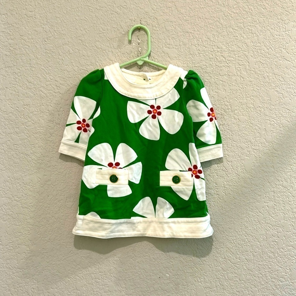 Green gap baby dress size two years white flower pattern green and gold buttons